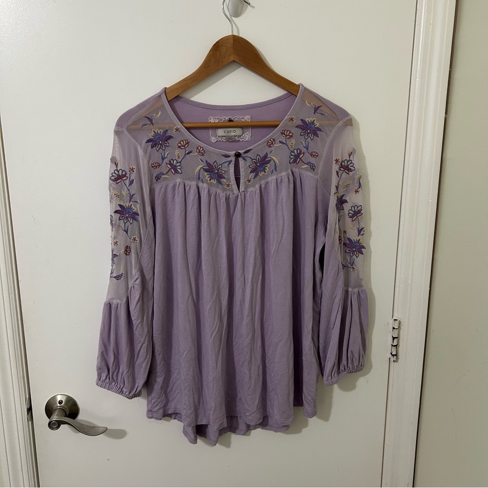 Cupio Women's Lavender Floral Embroidered Mesh Long Sleeve Blouse Size XL